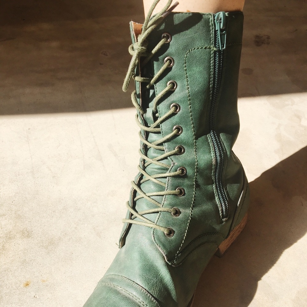 Green Faux Leather Combat Boots Size 9